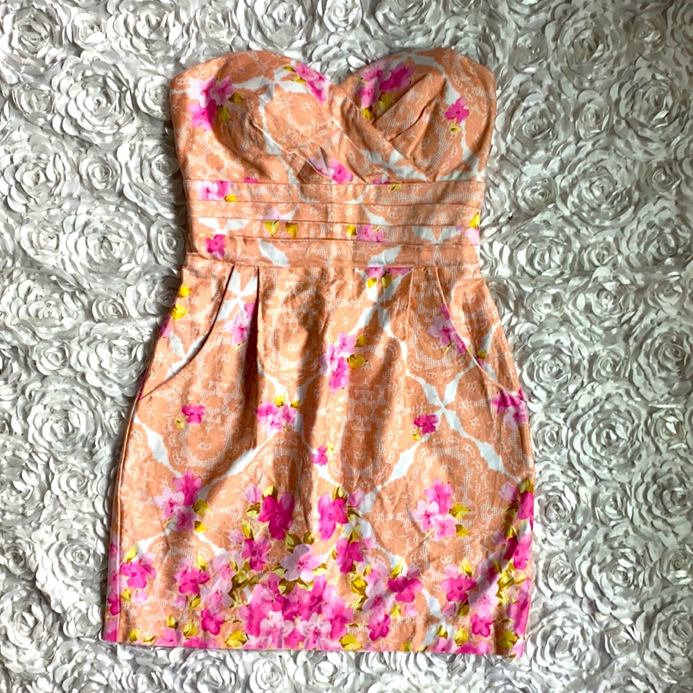 . Peach and pink floral strapless dress size 1